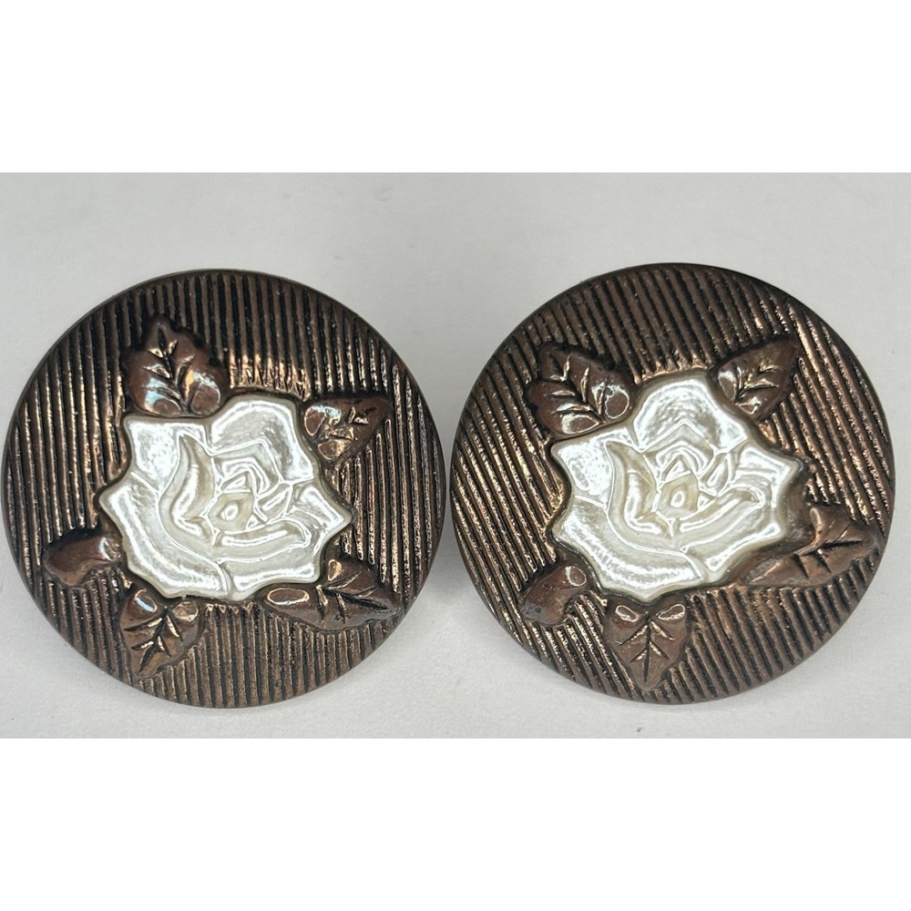 Vintage Carved Mother of Pearl Rose Copper Tone Round Pierced Earrings